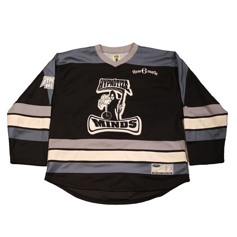Three 6 Mafia Hypnotize Minds Black and Grey Hockey Jersey
